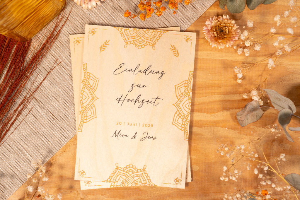 Holz-Hochzeitseinladungen in Birkeoptik mit orientalischem Design