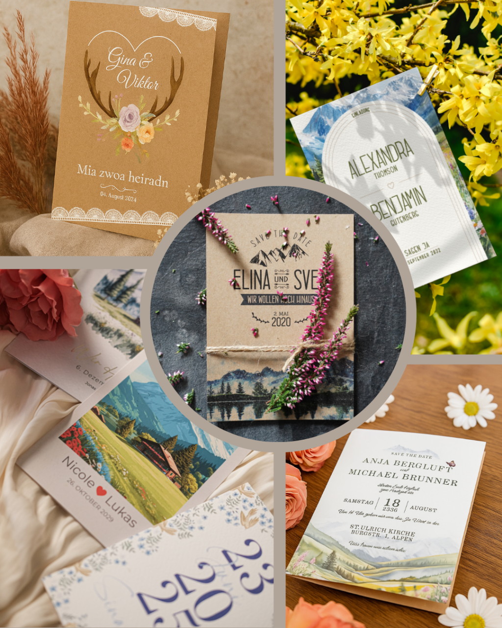 verschiedene Einladungskarten zum Thema Berghochzeit